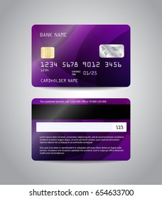 Realistic detailed credit cards set with colorful purple abstract wavy design background. Front and back side template. Money, payment symbol. Vector illustration EPS10