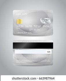 Realistic detailed credit cards set with colorful silver abstract design background. Silver card. Front and back side template. Money, payment symbol. Vector illustration EPS10