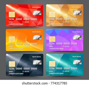 Realistic detailed credit cards set with colorful triangular design background.