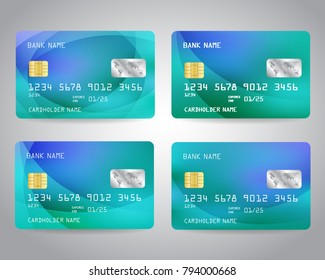 Realistic detailed credit cards set with colorful abstract design background. Blue colors. Vector illustration EPS10
