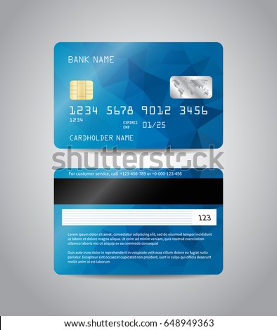 Realistic detailed credit cards set with colorful blue abstract triangular design background. Front and back side template. Money, payment symbol. Vector illustration EPS10