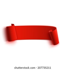 Realistic detailed curved red paper banner, ribbon isolated on white background. Vector illustration