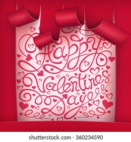 Realistic detailed curved red paper curtain banner with valentine day title. Vector illustration
