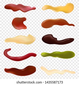 Realistic Detailed Different Sauces Isolated On Transparent Background. Collection With Ketchup, Wasabi, Mustard, Mayonnaise, Bbq, Pesto And Cheese. Top View Liquid Sauce Concept. Vector Illustration