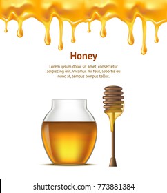 Realistic Detailed Dipper and Glass Jar Honey Card Poster Natural Healthy Sweet Dessert Food. Vector illustration