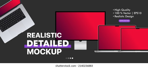 Realistic detailed display studio template. Desktop computer and laptop. Can be used for business presentation, advertising or marketing. Vector illustration