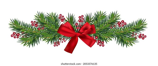 Realistic Detailed divider with Christmas fir tree with red satin bow isolated on white background. Vector illustration mesh.