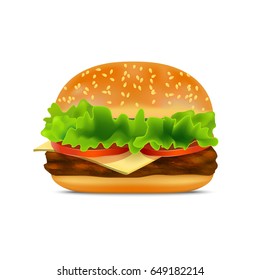 Realistic Detailed Fast Food Burger American Unhealthy Snack witch Cheese, Tomato, Meal and Bun. Vector illustration