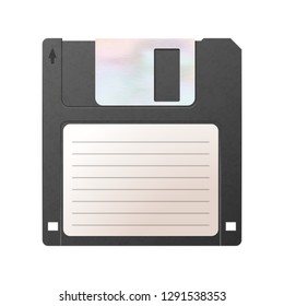 Realistic detailed floppy-disk, retro object on white