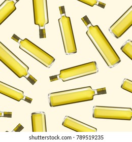 Realistic Detailed Fresh Olive Oil Transparent Glass Bottle Seamless Pattern Background. Vector illustration