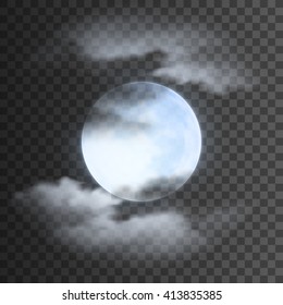 Realistic detailed full blue moon with clouds isolated on transparent background. Eps10 vector illustration, easy to use.