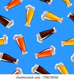 Realistic Detailed Glasses of Beer with Foam Seamless Pattern Background on a Blue Liquid Alcohol Drink for Design. Vector illustration