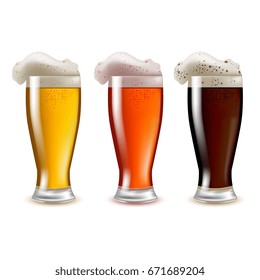 Realistic Detailed Glasses of Beer Set with Foam Liquid Alcohol Drink. Vector illustration