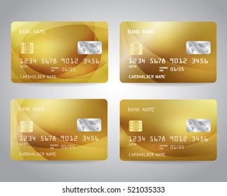 Realistic detailed gold credit cards set with colorful abstract gold design background. Vector illustration EPS10