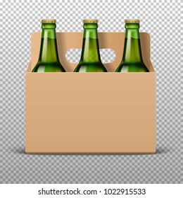 Realistic detailed green glass beer bottles with drink in craft packaging isolated on a trasparent background. Vector illustration. Mock up template blank for product packing advertisement.