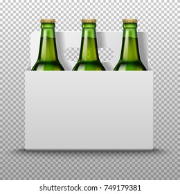 Realistic detailed green glass beer bottles with drink in white packaging isolated on a trasparent background. Vector illustration. Mock up template blank for product packing advertisement.