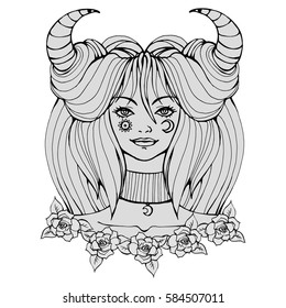 Realistic detailed hand drawn illustration of beautiful young woman with horns, sun and crescent moon symbols on face. Cosmic goddess graphic vintage tattoo style image on alchemy theme.T-shirt print.