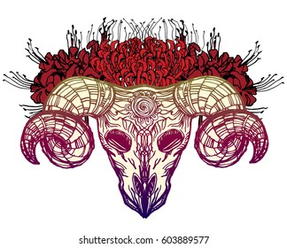 Realistic detailed hand drawn illustration of an old sheep skull with cracks and big horns on a background of red spider lilies. Graphic vintage tattoo style image on occult theme. T-shirt print. svg