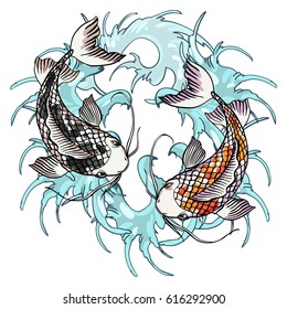 Realistic detailed hand drawn illustration of two koi carps swimming on background of water waves. Colorful graphic tattoo style image symbolizing yin yang concept. T-shirt print.