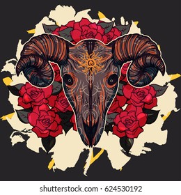 Realistic detailed hand drawn illustration of old sheep skull with big horns and sun symbol on forehead on a background of red roses. Graphic tattoo style image on occult theme. T-shirt print.