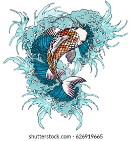 Realistic detailed hand drawn illustration of koi carp swimming on background of water waves. Colorful graphic tattoo style image concept. T-shirt print.