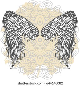 Realistic detailed hand drawn illustration set of wings pair on abstract background with mandala. Graphic tattoo style image. Design element for t-shirt print.