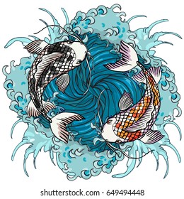 Realistic detailed hand drawn illustration of two koi carps swimming on background of water waves. Colorful graphic tattoo style image symbolizing yin yang concept. T-shirt print.