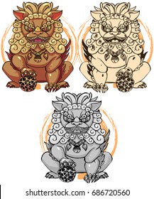 Realistic detailed hand drawn illustration of stylized chinese foo dog guardian statue. Protection symbol. Colorful graphic tattoo style image. T-shirt print.