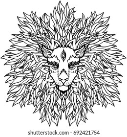 Realistic detailed hand drawn illustration of lion head. Ink tattoo style colorful image. Design element for t-shirt print.