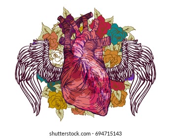Realistic detailed hand drawn illustration of heart with flames, spread wings, roses. Ink engraving style colorful image. Design element for t-shirt print.