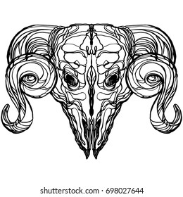 Realistic detailed hand drawn illustration of an old animal skull with big horns. Graphic tattoo style image on occult theme. Design for t-shirt print.