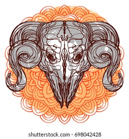 Realistic detailed hand drawn illustration of an old animal skull with big horns, abstract mandala round elements. Graphic tattoo style art on occult theme. Design for t-shirt clothes print.