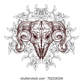 Realistic detailed hand drawn illustration of an old animal skull with big horns and roses, abstract vintage elements. Graphic tattoo style image on occult theme. Design for t-shirt clothes print.