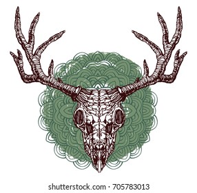 Realistic detailed hand drawn illustration of an old animal deer skull with big horns and abstract background. Graphic tattoo style image on occult theme. Design for t-shirt print.