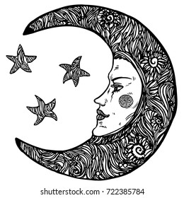 Realistic detailed hand drawn illustration of crescent moon with face and stars. Graphic engraving style art, alchemy spiritual theme. Textile, clothes, fabric, paper print.