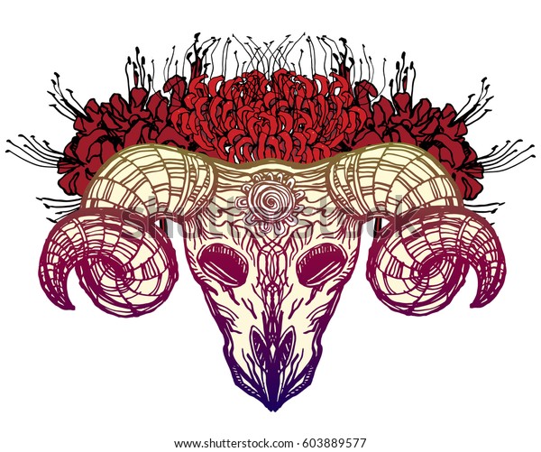 Realistic detailed hand drawn illustration of an\
old sheep skull with cracks and big horns on a background of red\
spider lilies. Graphic vintage tattoo style image on occult theme.\
T-shirt print.