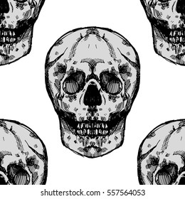 Realistic detailed hand drawn pattern of an old skull with cracks.