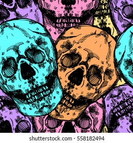 Realistic detailed hand drawn pattern of many old skull with cracks in neon colors.