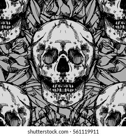 Realistic detailed hand drawn pattern of an old skull with cracks and floral motives on a background with roses and leafs.