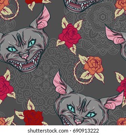 Realistic detailed hand drawn pattern of angry roaring sphinx cat head on a background of red roses, abstract ornament. Graphic tattoo style image. Textile, clothes fabric, paper print.