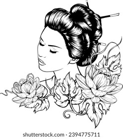 Realistic detailed hand drawn portrait of a Japanese woman wearing hair in traditional style with flower decorations. Graphic tattoo style monochrome illustration. Design element for t-shirt print.