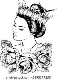 Realistic detailed hand drawn portrait of a Japanese woman wearing hair in traditional style with flower decorations. Graphic tattoo style monochrome illustration. Design element for t-shirt print.