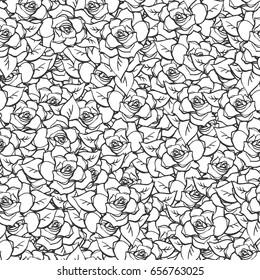 Realistic detailed hand drawn seamless pattern with rose flowers and leafs. Monochrome graphic image. Can be used as textile or paper print.