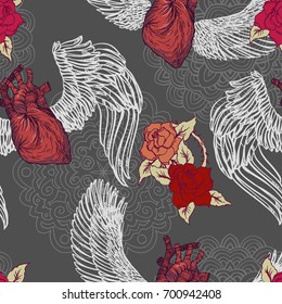 Realistic detailed hand drawn tile pattern of human heart with wings, roses, leafs, abstract mandala. Dark Valentine's day goth graphic tattoo style image. Textile, clothes, fabric, paper print.