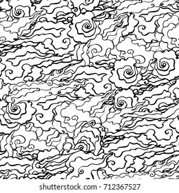 Realistic detailed hand drawn tile pattern of curly clouds. Graphic tattoo style art on nature theme. Textile, clothes, fabric, paper print.