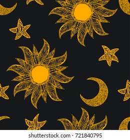 Realistic detailed hand drawn tile pattern of sky, crescent moon, sun, stars. Graphic engraving style art, alchemy spiritual theme. Textile, clothes, fabric, paper print.