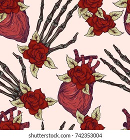 Realistic detailed hand drawn tile pattern of human heart, red roses with leafs, skeleton bone hand. Ink engraving tattoo style colorful image. Design element for print.
