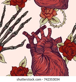 Realistic detailed hand drawn tile pattern of human heart, red roses with leafs, skeleton bone hand. Ink engraving tattoo style colorful image. Design element for print.