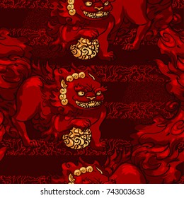 Realistic detailed hand drawn tile pattern of stylized chinese foo dog guardian statue and abstract decorative background. Protection symbol. Colorful graphic tattoo style image. Clothes, paper print.