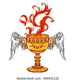 Realistic detailed illustration of holy grail cup with pair of spread wings and burning fire. Graphic tattoo style colorful illustration. Design element for t-shirt print.